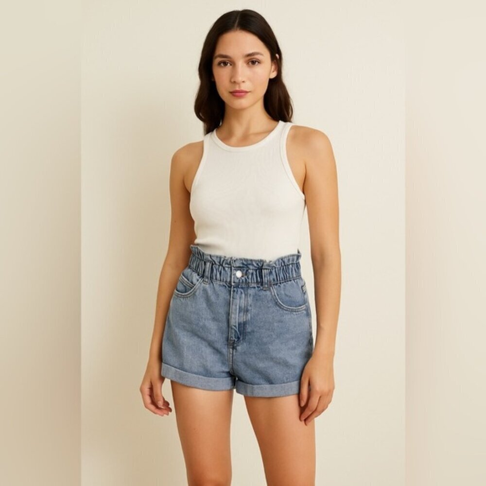 Bershka Paperbag Waist Denim Shorts - Size US 14